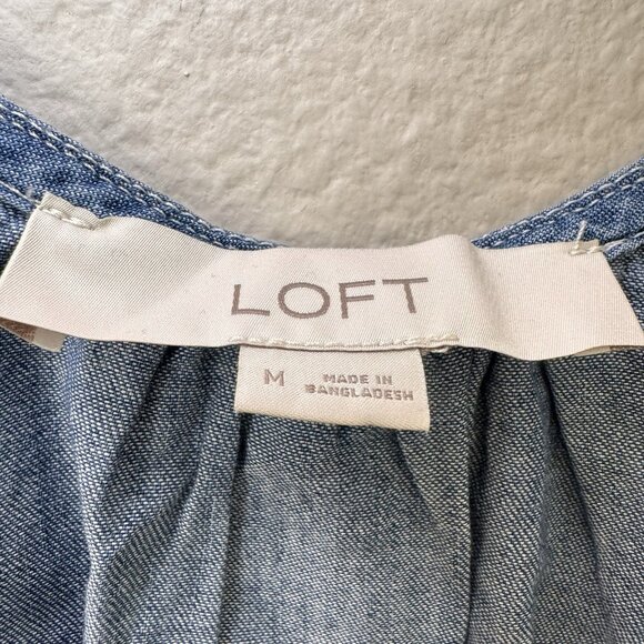 LOFT Denim Shirt Women Size Med Popover Blouse Top Short Sleeve Strappy Back - Picture 5 of 7